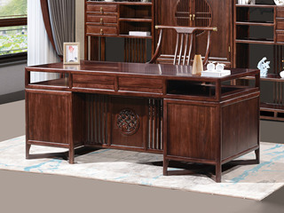  新中式 进口乌金木 纹理自然温润 大板桌面随心置物 传统鱼鳞纹镂空雕花工艺 竖线装饰 1.8米 茶台