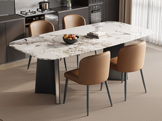  极简风格 质地晶莹潘多拉大理石 防磕碰马肚造型台面 独特双C折角造型 灰钛拉丝不锈钢桌腿 1.6米 餐桌