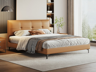 【热门推荐】极简风格 细腻柔韧仿真皮 0靠墙设计 极致省空间 告别拥挤感 高密度海绵饱满有型软弹释压+5A级俄罗斯落叶松实木框架  暮光橙普通款 1.8*2.0米齐边床（搭配10公分松木排骨架）