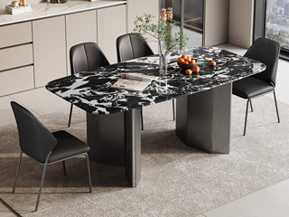  意式极简 复古典雅宝格丽黑大理石 防磕碰马肚造型台面 菱形折叠拉丝不锈钢支撑脚 1.6米 餐桌