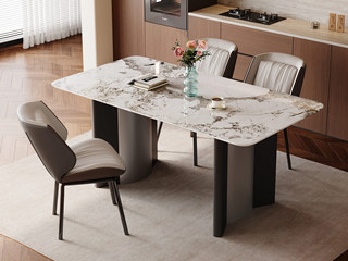  极简风格 质地晶莹潘多拉大理石 纹理细腻顺滑 太空灰拉丝不锈钢 设计感双拼桌腿 高强支撑力 1.6米 餐桌