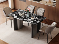 歌迪 极简风格 高雅奢华宝格丽黑大理石 纹理深邃灵动 太空灰拉丝不锈钢 几何设计感双拼桌腿 木纹清晰质感十足 圆润边角 1.4米 餐桌