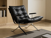 歌迪 极简风格 欧姆休闲椅 高定头层黄牛皮 蓬松柔软羽绒 简约几何线条经典拉扣设计 时尚不锈钢拉丝五金架 扶手款 休闲椅