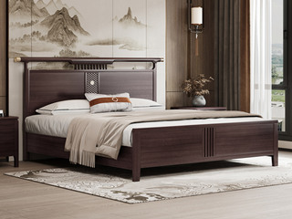  新中式 进口乌金木 纹理自然温润 鱼鳞纹雕刻五金装饰点缀 宽阔床屏舒适大气 1.5*2.0米 实木床（搭配松木床板条）