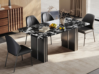  极简风格 质地坚实宝格丽黑大理石 纹理柔滑细腻 线条利落轮廓鲜明 黑钛拉丝+灰钢栅格腿 坚实稳固 1.6米 餐桌