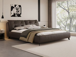  极简风格 云朵真皮床 高定头层黄牛皮 黄金配比蓬松羽绒+高弹海绵 云靠感饱满有型 手工深拉点 1.5*2.0米真皮床 （搭配十公分松木排骨架）