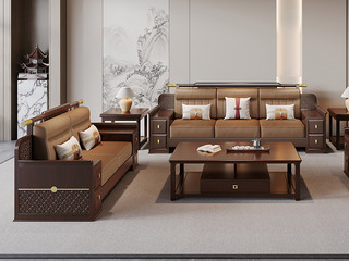  新中式实木沙发 甄选进口金丝檀+乌金木 设计感拼花纹理金线装饰 实木储物扶手 柔软舒适猫抓皮 红檀色 组合沙发 双人位+三人位（抱枕花色随机）