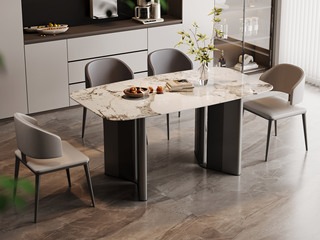  极简风格 甄选高品质潘多拉大理石 纹理细腻光滑 “V”形脚内凹圆润设计 独特工学构造结实稳固 1.4米 餐桌