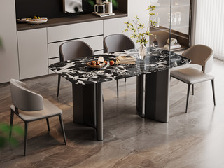  极简风格 甄选高品质宝格丽黑大理石 纹理细腻光滑 “V”形脚内凹圆润设计 独特工学构造结实稳固 1.4米 餐桌