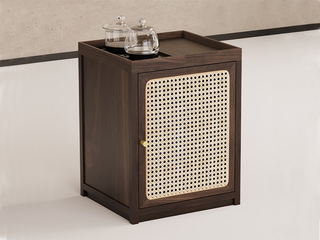  新中式 天然进口胡桃木+藤编工艺茶水柜 全自动智能抽水茶艺炉  深胡桃 茶车