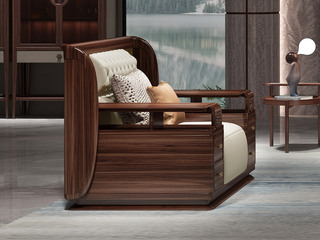  新中式 进口实木沙发 自然清晰实木纹理 细腻柔软仿真皮 饱满拉点舒适承托 优雅金色网格装饰面 单人位沙发