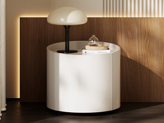  意式极简 矮款落地斜边一体设计 圆形简洁柜筒 高质缓冲导轨 奶油色 床头柜