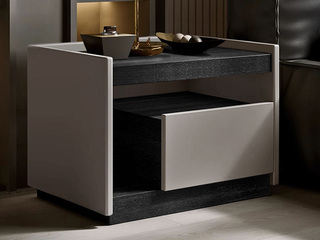  意式极简 开放式储物人性化设计 细腻黑橡木纹 圆润防掉落围边 稳重全落地稳固支撑 优质米灰色烤漆 右款 床头柜