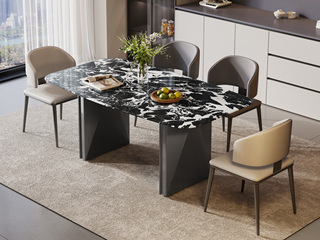  极简风格 典雅奢华宝格丽黑大理石 自然肌理 双面菱边造型灰钛拉丝不锈钢脚 厚实稳固 桌底空间开阔不拘束 1.4米 马肚型 餐桌