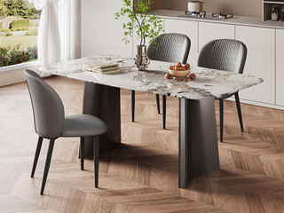  极简风格 月弧餐桌 流光溢彩潘多拉大理石 半月弧形立体支撑 稳固几何强力承重 质感高级灰钢拉丝脚 圆弧转角工艺 1.6米 餐桌