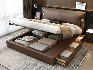  极简风格 巴甫洛夫皮艺床 高箱+抽屉组合 大容量储物设计 透气舒适仿真皮 质感双边U字型五金 精致蜈蚣黑钛五金脚 摩卡色 1.5*2.0米齐边床（面向床抽屉在右）