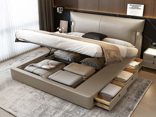  极简风格 巴甫洛夫皮艺床 高箱+抽屉组合 大容量储物设计 透气舒适仿真皮 质感双边U字型五金 精致蜈蚣黑钛五金脚 卡其灰 1.5*2.0米齐边床（面向床抽屉在右）