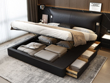 欧瑞仕 极简风格 巴甫洛夫皮艺床 高箱+抽屉组合 大容量储物设计 透气舒适仿真皮 质感双边U字型五金 精致蜈蚣黑钛五金脚 黑色 1.8*2.0米齐边床（面向床抽屉在右）