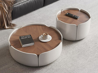  极简风格 复古拼花木纹台面 边角圆弧打磨呵护级防撞设计 优质钢琴烤漆奶油白 花瓣茶几组合 大圆+小圆