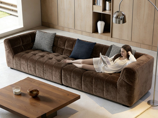 【现货】 现代简约 棉花糖沙发  亲肤透气麂皮绒 羽绒填充 高密度回弹海绵 实木框架 咖色 直排沙发 四人位