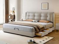 欧瑞仕 极简风格 高定头层黄牛皮 全实木抽屉 宽大饱满有型高靠包 床侧多功能储物三抽 收纳力Max 右抽屉款 卡其灰 1.8*2.0米床（搭配10公分松木排骨架）（面向床抽屉在右）