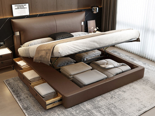  极简风格 巴甫洛夫皮艺床 高箱+抽屉组合 大容量储物设计 透气舒适仿真皮 质感双边U字型五金 精致蜈蚣黑钛五金脚 摩卡色 1.5*2.0米齐边床（面向床抽屉在左）