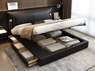  极简风格 巴甫洛夫真皮床 高定头层黄牛皮 高箱+抽屉组合 大容量储物设计 豪奢大面积真皮床头 质感双边U字型五金装饰 精致蜈蚣黑钛五金脚 黑色 1.8*2.0米齐边床（面向床抽屉在左）