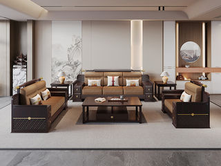  新中式实木沙发 甄选进口金丝檀+乌金木 设计感拼花纹理金线装饰 实木储物扶手 柔软舒适猫抓皮  乌金色 组合沙发 单人位+单人位+三人位（效果图为1+2+3 此配置为1+1+3）（抱枕花色随机）