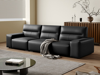  极简风格 高背真皮沙发 进口头层黄牛皮 轻盈柔软太空棉靠包 高密度优质海绵座包 黑色 直排四人沙发