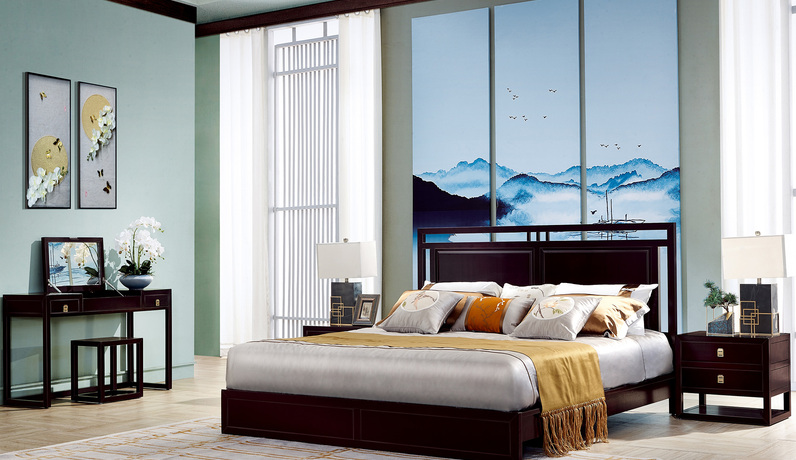 墨舍 新中式 东南亚进口红檀木  W973 1.8*2.0米床