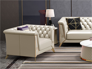  轻奢风格 进口实木 优质超纤皮 深点拉扣+不锈钢拉丝封釉镀钛金 单位沙发(抱枕随机发货）