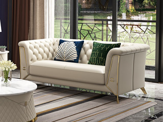  轻奢风格 进口实木 优质超纤皮 深点拉扣+不锈钢拉丝封釉镀钛金 二位沙发(抱枕随机发货）