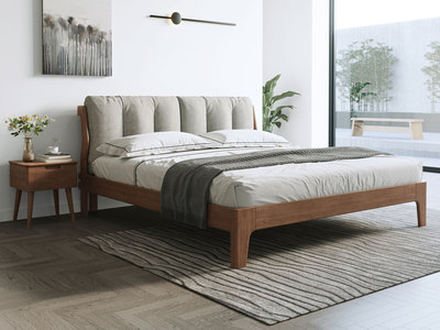  北欧风格 榉木坚固框架 布软包 蓬松柔软 胡桃色1.5*2.0m双人床