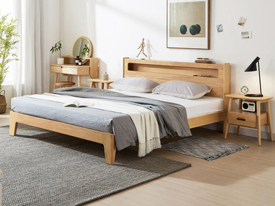  北欧风格 榉木坚固框架 创意圆柱床头 原木色1.8*2.0m床