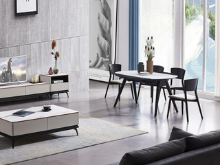  极简风格 白色哑光岩板面 碳素钢脚 实木双抽 1.35米长餐桌（展开圆1.3米）