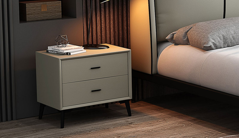 皮艺工坊 极简风格 高级中性灰 扪皮  实木抽屉 床头柜