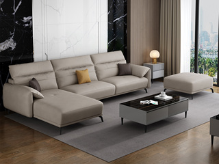  极简 羽绒科技布沙发 自由搭配组合 小户挚爱 5挡升降功能头枕 柔软舒适 卡其色 沙发组合（3+右贵妃+脚踏）