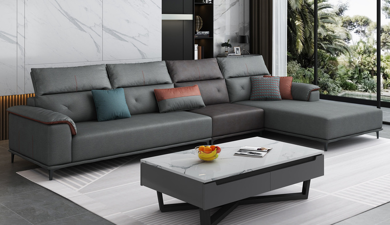 纾康 现代简约 亲肤透气科技布 蓬松柔软羽绒靠包 云端坐感高回弹海绵 俄罗斯落叶松实木框架 拼色沙发组合（1+3+左贵妃）