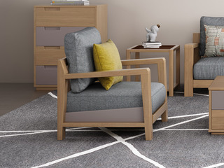  北欧风格 泰国进口橡胶木坚固框架 优质棉麻布艺 单人位沙发