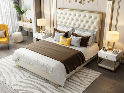 轻奢风格 高定头层黄牛皮 1.8米真皮床（搭配10公分钢木排骨架）