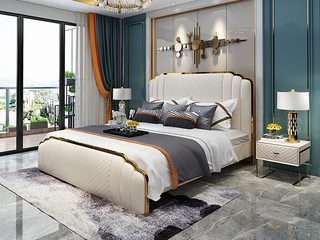  轻奢风格 头层黄牛皮 1.8*2.0米真皮床（搭配10公分松木排骨架）