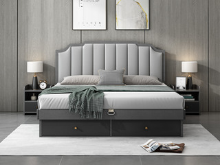  现代简约 浅灰色 靠背接触面优质超纤皮 储物抽屉设计1.5*2.0米 HS-1706板木高箱床