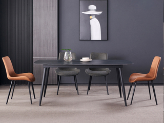  极简 劳伦黑金哑光岩板 碳素钢黑砂（底架） 1.4米 长餐桌