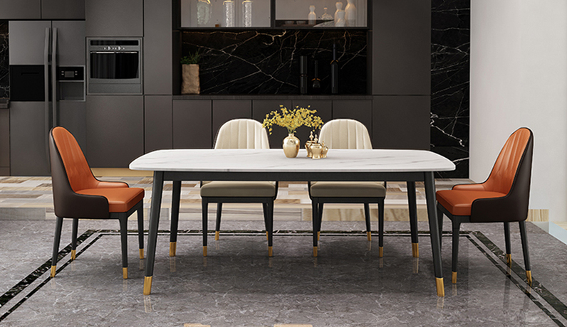 斐亚家居 轻奢 马肚形雪山石哑光岩板 碳素钢黑砂（底架） 1.4米 长餐桌
