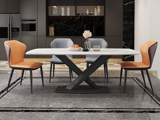  极简 雪山石哑光岩板 碳素钢黑砂底架 1.6米 长餐桌