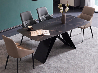  极简 直边形劳伦黑金哑光岩板 碳素钢黑砂（底架） 1.3米 长餐桌