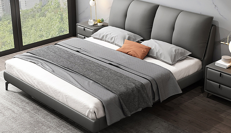 卡罗亚 极简风格 充盈软靠 高定头层黄牛皮+实木框架 深灰色 1.8*2.0米真皮床（搭配10公分松木排骨架）