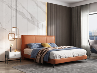  极简风格 舒适软靠+实木框架 百搭1.8*2.0米橙色皮艺高箱床（搭配10公分松木排骨架）