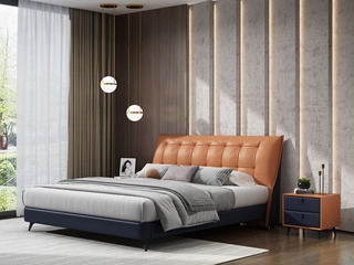  极简风格 高弹舒适 优质皮艺+实木框架 1.8*2.0米橙褐蓝混色高箱 床 （搭配10公分松木排骨架）