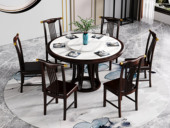 华韵 新中式风格 橡胶实木 紫檀色 1.3米圆形亮光岩板餐桌（含80cm岩板转盘）